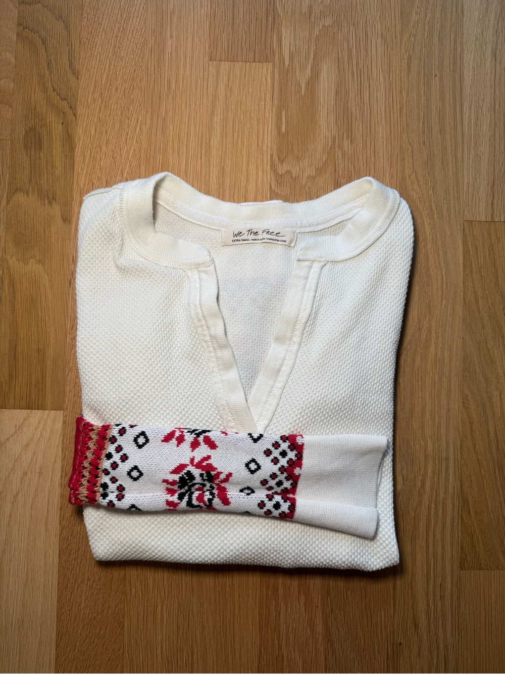 We The Free Cream V-Neck Knit Shirt with Red & Black Embroidered Cuff MSRP $98